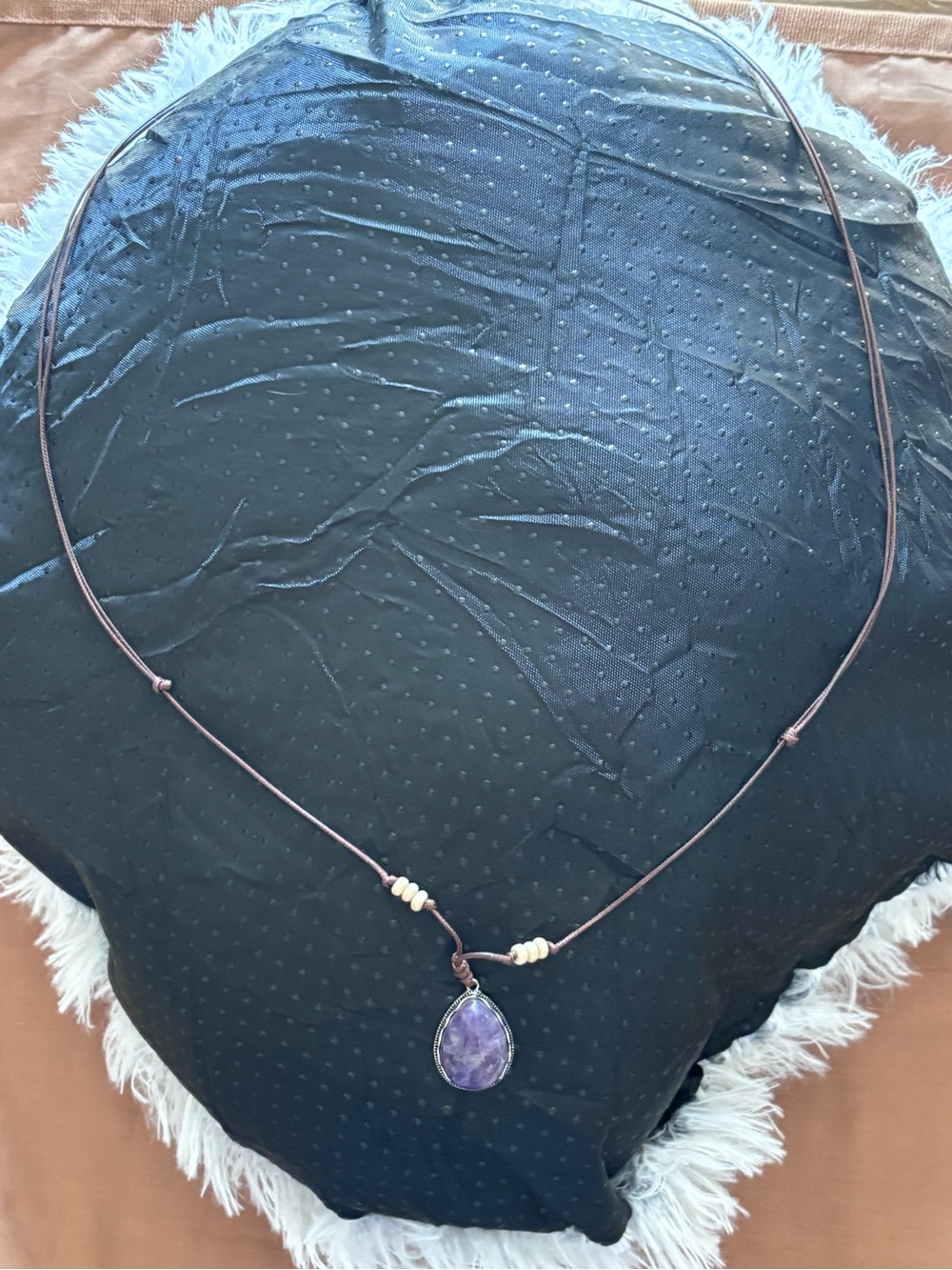 EARTHBOUND Purple Teardrop Pendant on Brown Cord